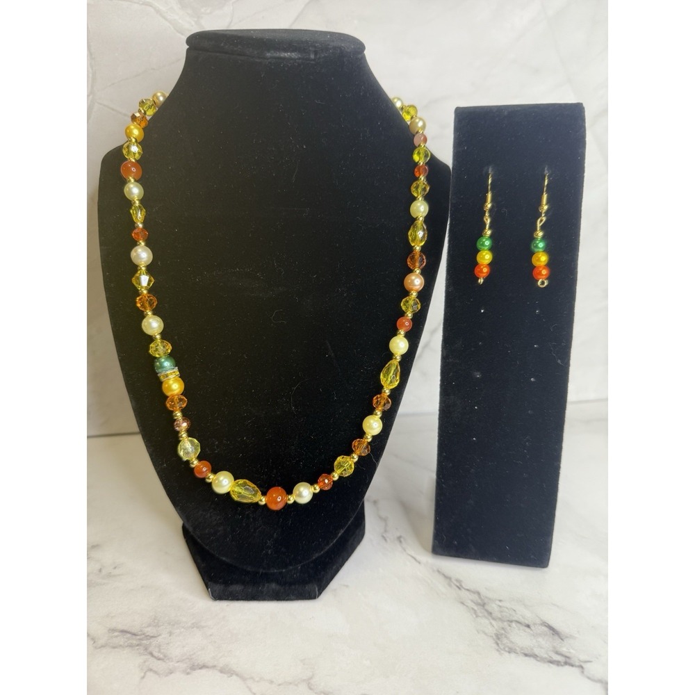 orange, yellow and green‎ beaded handmade necklace and earring set